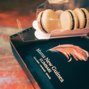 Iron & Fire's "Coffee Break" gift box with Mama New Guinea coffee blend and three coffee-flavoured macarons pictured