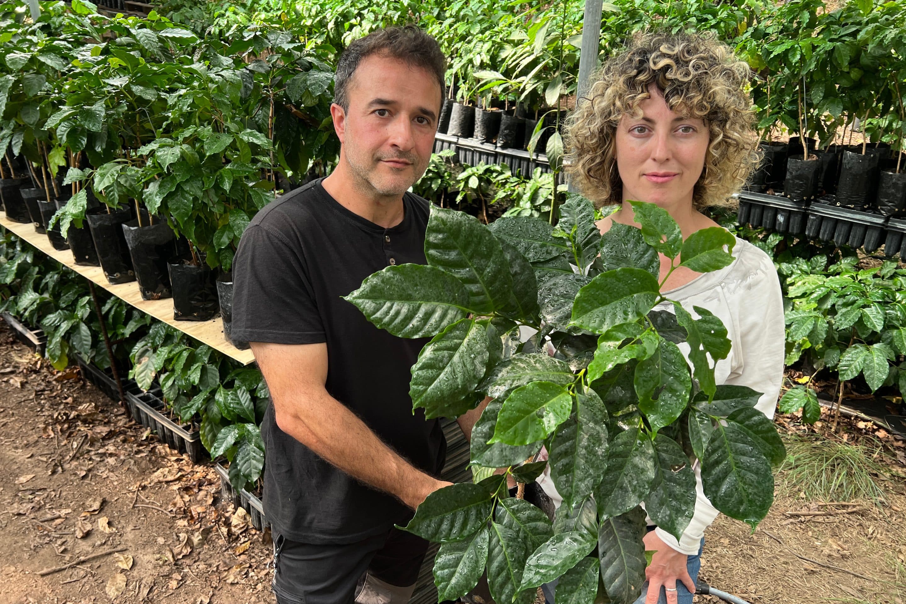 Joan and Eva on their coffee plantation holding a coffee plant.